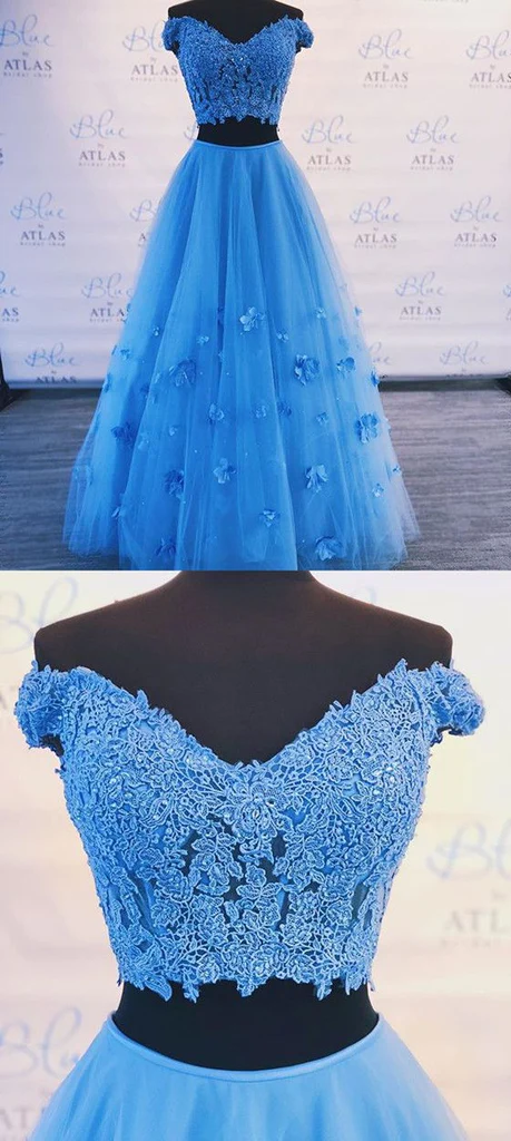 Light Blue 2 Piece Prom Dresses Off the Shoulder Flower Long Evening Gowns MyChicDress