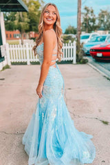 Light Blue Long Prom Dress Lace  Straps Mermaid Formal Dress Lace-Up