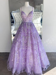Preciosos vestidos de fiesta lila de encaje morado con cuello en V y vestidos de noche largos sin espalda