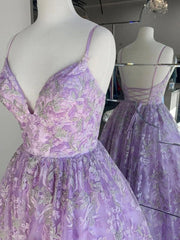 Preciosos vestidos de fiesta lila de encaje morado con cuello en V y vestidos de noche largos sin espalda