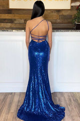 Long Blue Sequin One Shoulder 2024 Prom Dresses Mermaid Graduation Dress MyChicDress