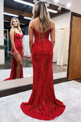 Long Mermaid Red Prom Dress 2025 Spaghetti Straps Appliques with Slit MyChicDress