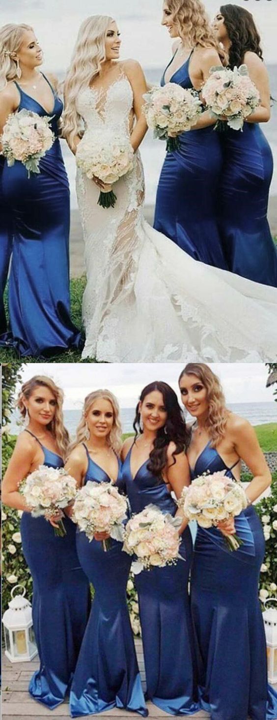 Long Mermaid V Neck Custom Blue Bridesmaid Dresses MyChicDress