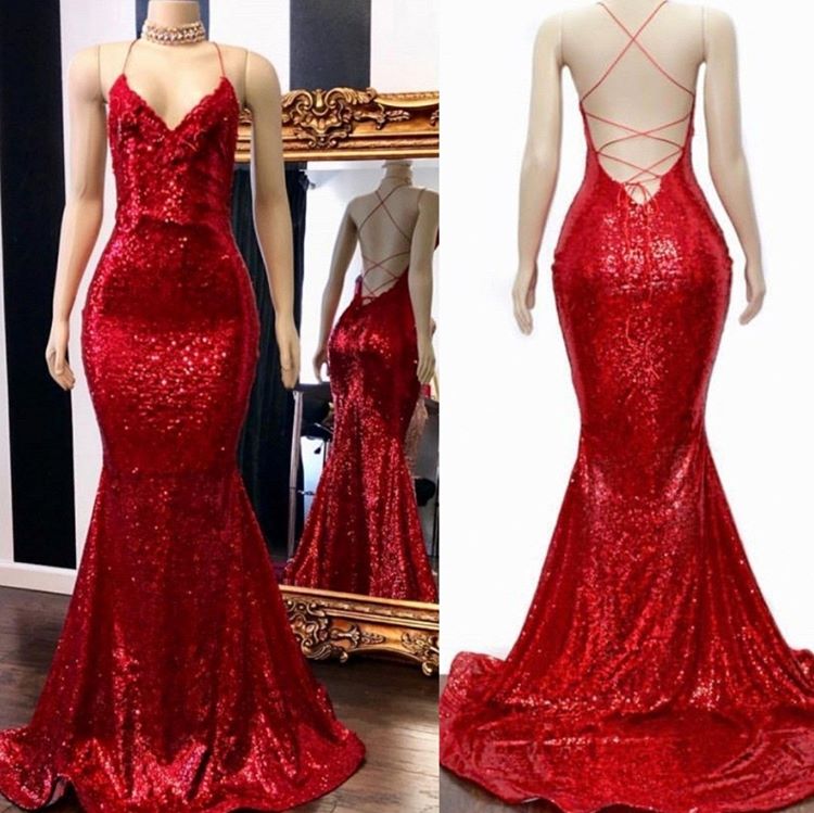 Long Sequin Red Prom Dresses Mermaid Sleeveless Evening Gown MyChicDress