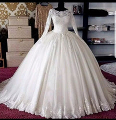 Long Sleeve Ball Gown Muslim Wedding Dress UK Beaded Lace Bridal Wear MyChicDress