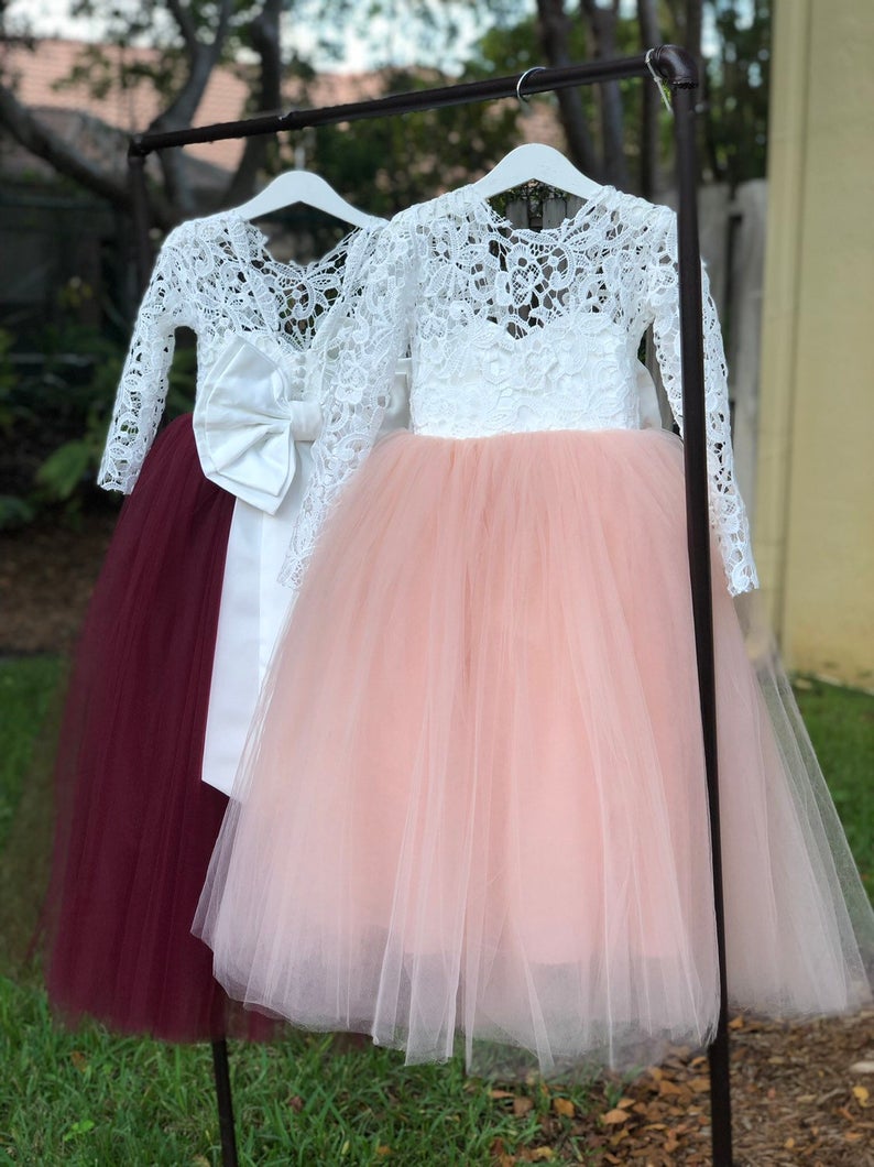 Long Sleeve Lace Flower Girl Dresses Puffy Tulle Skirt Custom color MyChicDress