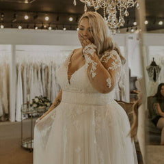 Long Sleeve Lace Plus Size Wedding Dresses UK A Line V Neck Bridal Gown MyChicDress