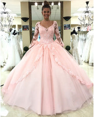 Long Sleeves Sweet 16 Dresses Lace Pink Quinceanera Dresses - MyChicDress