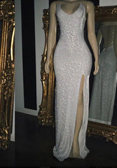 Long White Sequin Prom Dresses 2025 Cross Back Halter Evening Gown MyChicDress