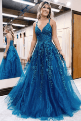 2024 Vestidos largos de fiesta de encaje azul con cuello en V Vestidos de noche formales con espalda abierta