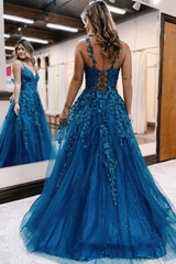 2024 Vestidos largos de fiesta de encaje azul con cuello en V Vestidos de noche formales con espalda abierta