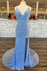 Vestidos de fiesta iridiscentes con cuello en V, largos, color azul claro, vestido formal barato con lentejuelas 2024