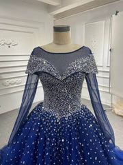 Manga larga Vestidos de novia azul marino Cristales Vestido de fiesta con lentejuelas Vestidos de quinceañera