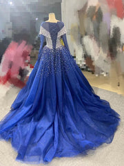 Manga larga Vestidos de novia azul marino Cristales Vestido de fiesta con lentejuelas Vestidos de quinceañera