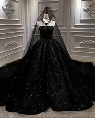 Vestido de fiesta de lujo con lentejuelas, vestidos de novia negros góticos con velo de capa