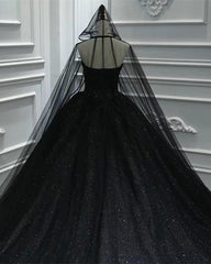 Vestido de fiesta de lujo con lentejuelas, vestidos de novia negros góticos con velo de capa
