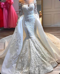 Vestidos de novia de sirena de encaje de manga larga de princesa de lujo con cola desmontable