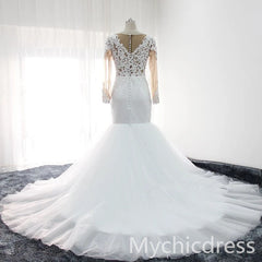 Mermaid Lace Long Sleeves Brial Wears Appliques Tulle Gowns MyChicDress