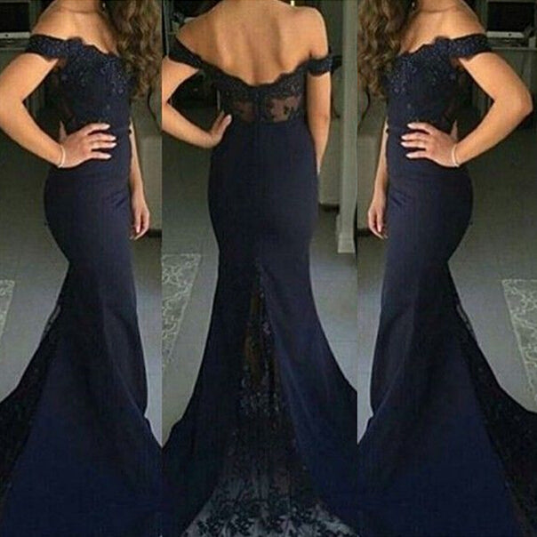 Mermaid Off-the-Shoulder Lace Dark Navy Bridesmaid Dresses - MyChicDress