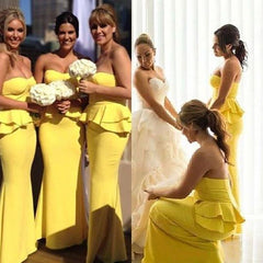 Mermaid Yellow Bridesmaid Dresses Strapless Ruffles Maid of Honor Wear - MyChicDress