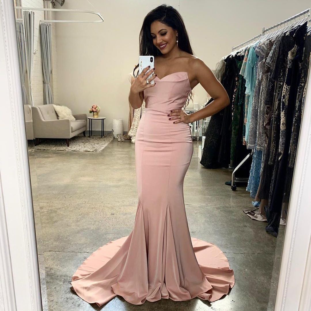 Mermaid Strapless Blush Pink Satin Bridesmaid Dress Long Party Dresses