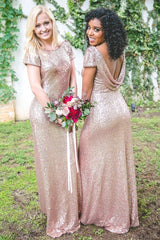 Vestido de dama de honor de oro rosa metálico, vestidos de invitados de boda con lentejuelas y mangas