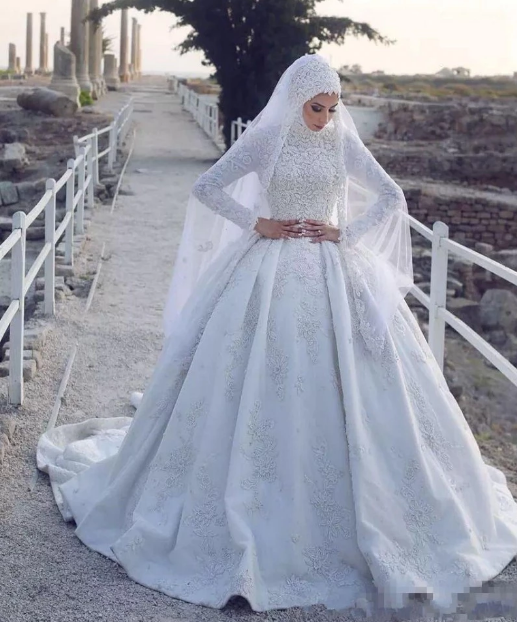 Arabic Muslim Lace Wedding Dresses Long Sleeves Applique A Line Bridal Gowns