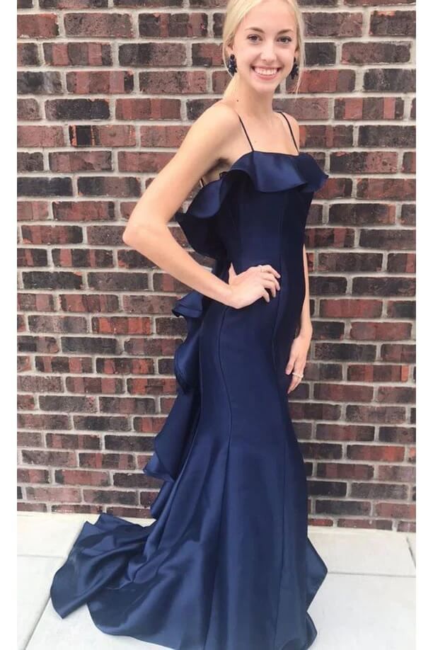 Navy Blue Satin Prom Dresses With Ruffles Spaghetti Straps Long Formal Gown MyChicDress