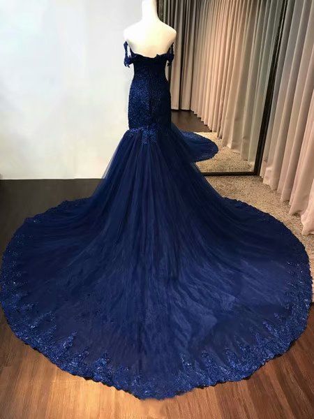 New Lace Navy Blue Prom Dresses Tulle Vintage Evening Dress Off The Shoulder MyChicDress