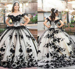 Nuevo Vestido para quinceañera de encaje con flores en 3D, negro, 2024, vestido de fiesta dulce 16