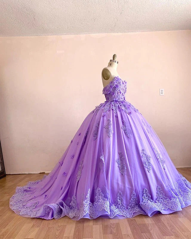 Off Shoulder Lace Lavender Quinceanera Dresses Appliques Flowers Sweet 16 Dresses MyChicDress