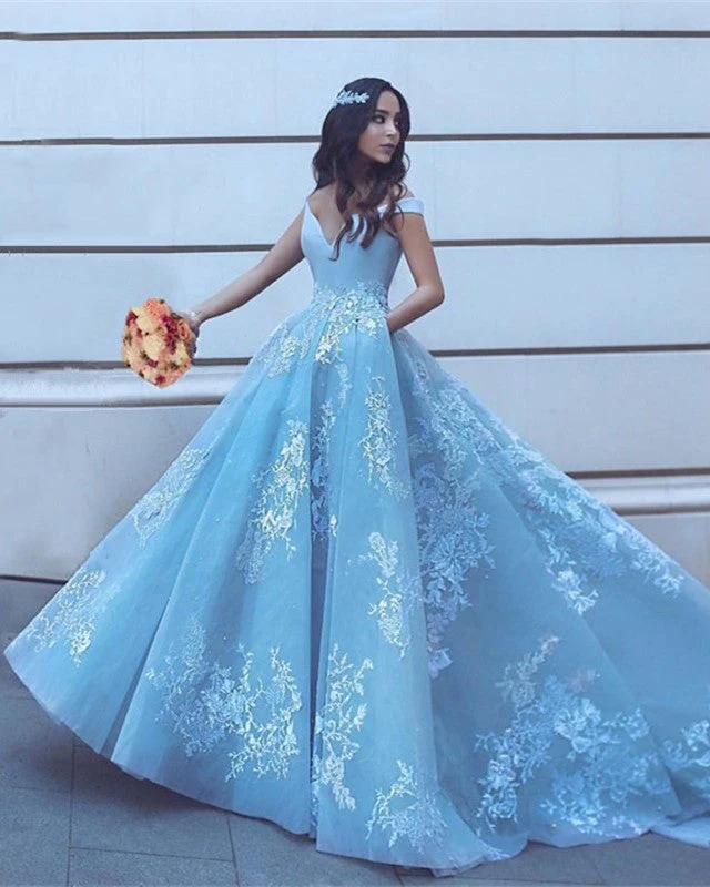 Off the Shoulder Blue Prom Dresses 2024 Lace A Line Evening Gowns MyChicDress