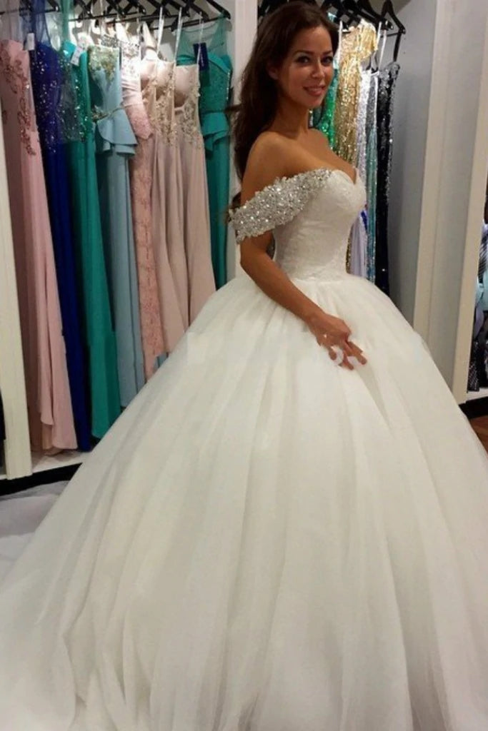 Off the Shoulder Crystals White Wedding Dresses Ball Gown Tulle Bridal Dress MyChicDress