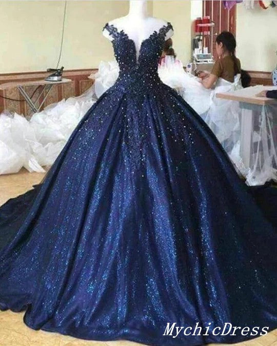 Off the Shoulder Navy Blue Sequin Quince Dresses Ball Gown Lace Sweet 16 dress MyChicDress