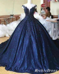 Off the Shoulder Navy Blue Sequin Quince Dresses Ball Gown Lace Sweet 16 dress MyChicDress