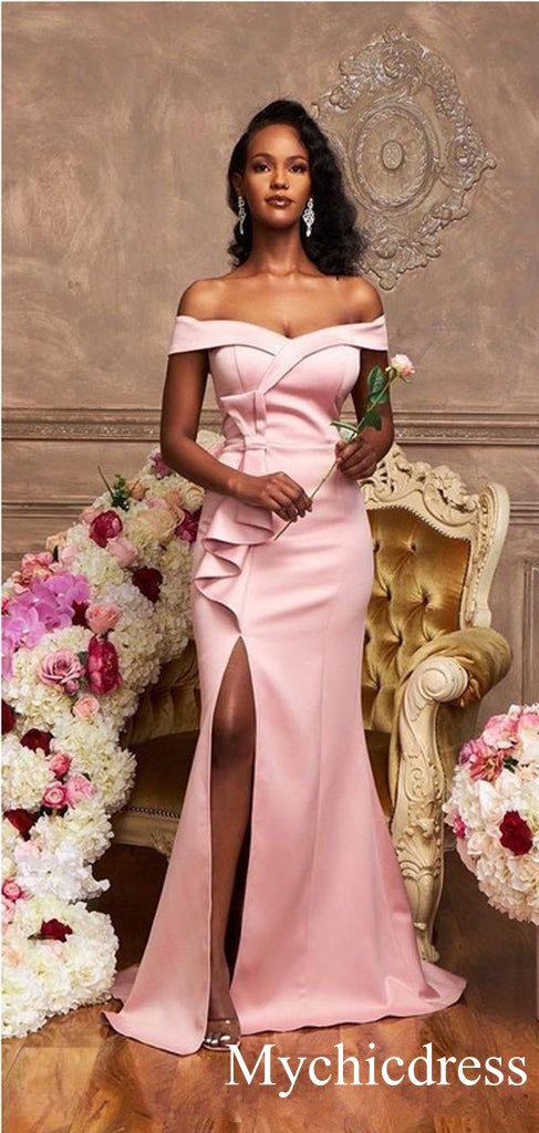 Off the Shoulder Pink Satin Bridesmaid Dresses Long Wedding Guest Dress MyChicDress