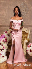 Off the Shoulder Pink Satin Bridesmaid Dresses Long Wedding Guest Dress MyChicDress