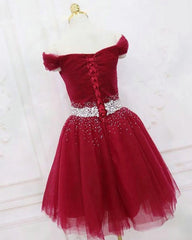 Off the Shoulder Red Short Homecoming Dress Beaded Tulle Lace Up MyChicDress