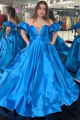Vestidos de fiesta de talla grande de satén con hombros descubiertos Vestido formal azul real con mangas de burbujas