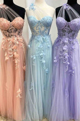 One Shoulder Flowers Lace Prom Dresses Applique Sweetheart with Split MyChicDress