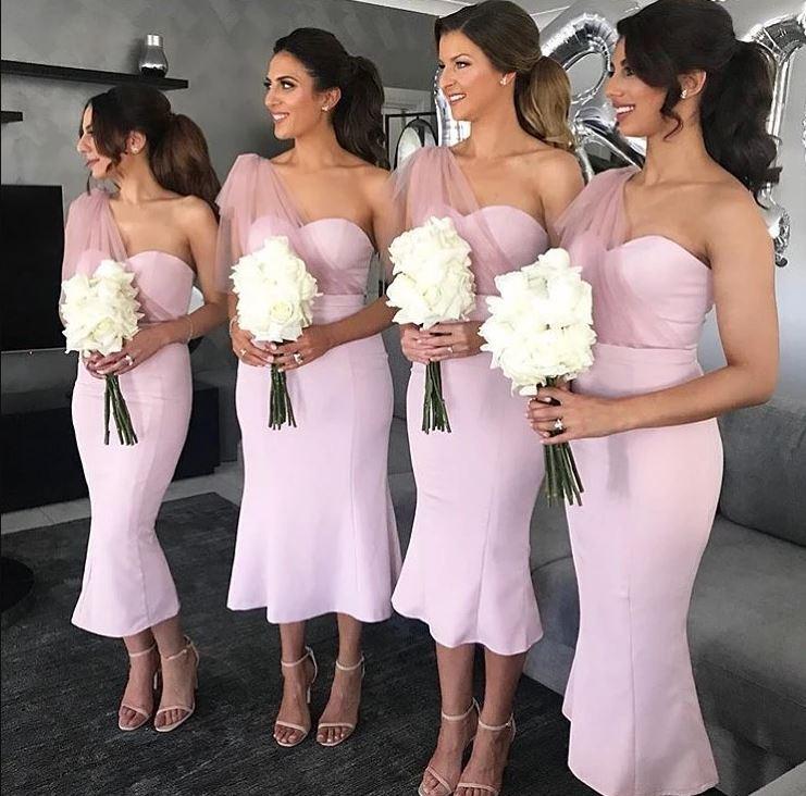 One Shoulder Short Pink Bridesmaid Dress Tulle Mermaid Sweetheart MyChicDress