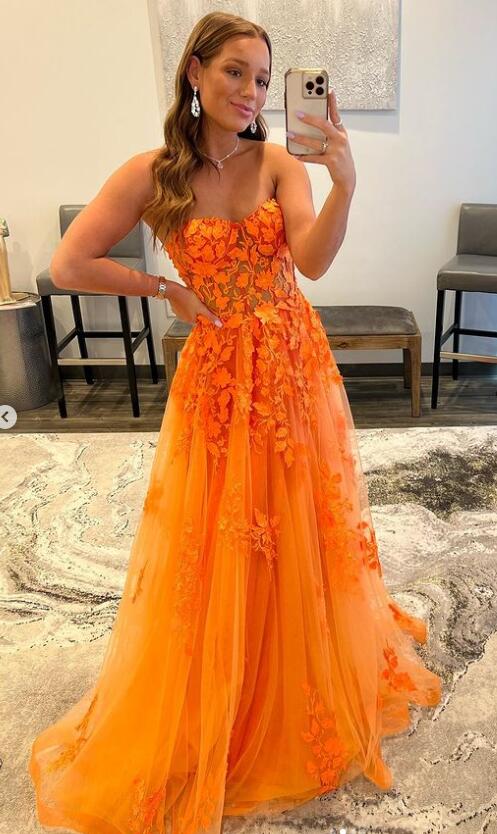 Orange Lace Prom Dresses Sexy Sweetheart Long Formal Dresses