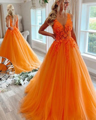 2025 Vestidos de fiesta de encaje con cuentas de color naranja Vestido de noche sin mangas de tul con escote en V Reino Unido