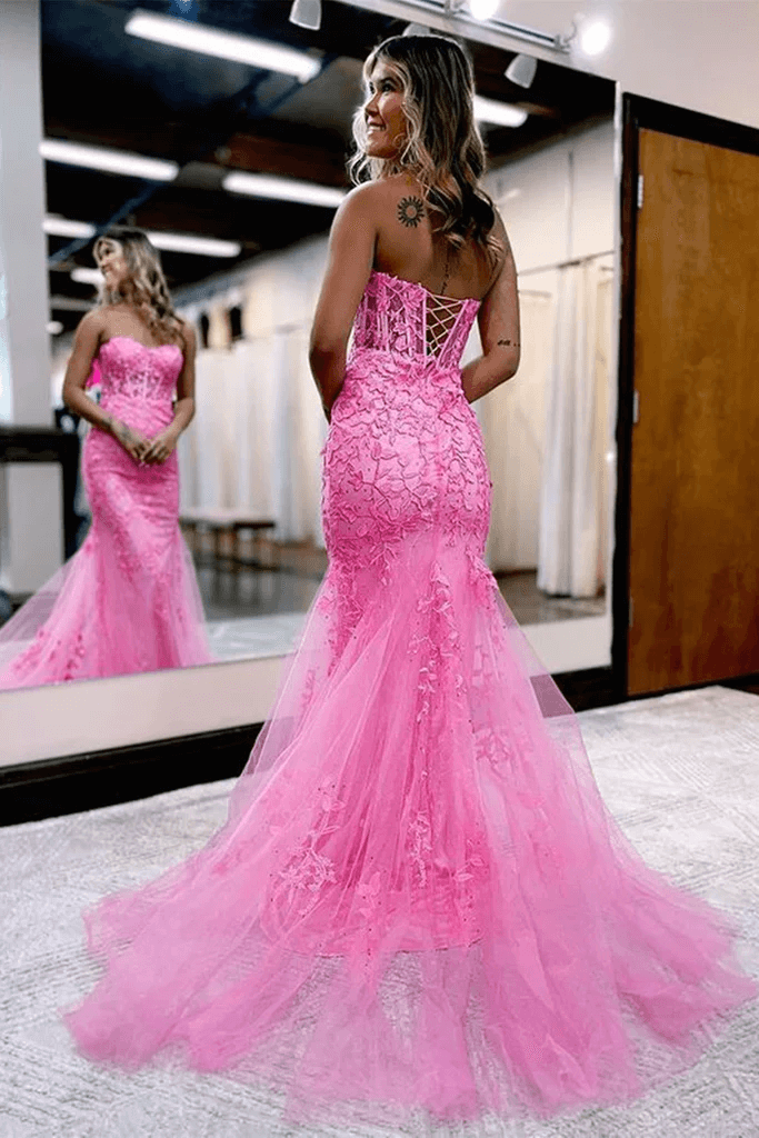 Corset Pink Prom Dresses Mermaid Lace Long Beaded Formal Dresses Strapless