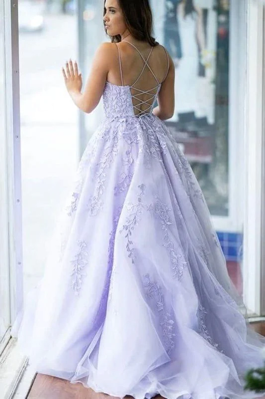 Pretty Lavender Lace Long Prom Dresses Appliqued Cross Back UK Formal Dress MyChicDress