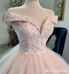 Princess Flowers Ball Gown Pink Quinceanera Dresses off Shoulder MyChicDress