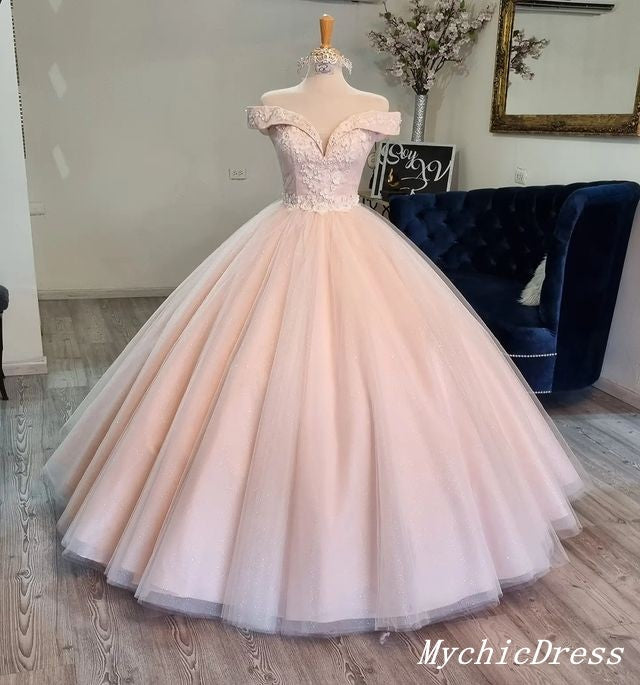 Princess Flowers Ball Gown Pink Quinceanera Dresses off Shoulder MyChicDress