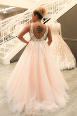 Princess Pink Long Prom Dresses V Neck Tulle Evening Dress with Lace Appliques MyChicDress