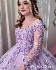 Princesa Flores Lila Vestido De Fiesta Vestidos De Quinceañera Mangas Largas Con Cordones En La Espalda