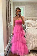 Vestidos de fiesta largos de princesa de color rosa intenso con volantes 2024 Vestido formal con gradas y tirantes finos